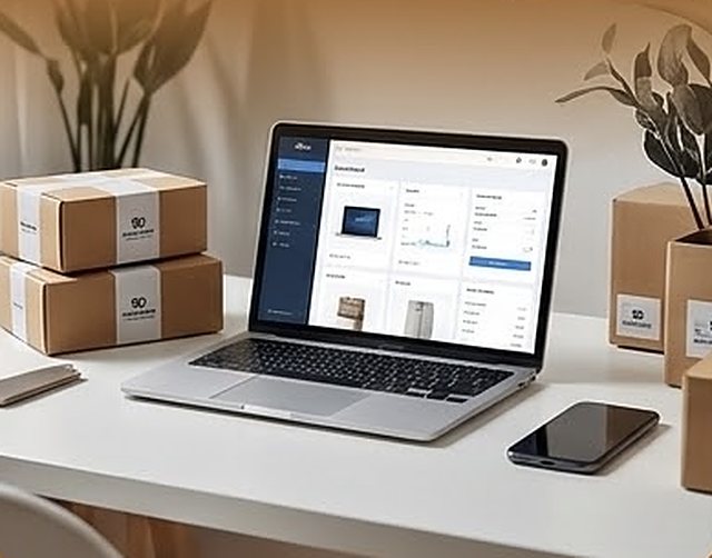 لوحة تحكم متجر إلكتروني على حاسوب محمول مع طرود جاهزة للشحن
